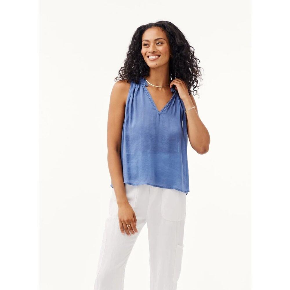 Bella Dahl Simeon Ruffle Neck Tank Top Mykonos Blue Tencel Size L NWT